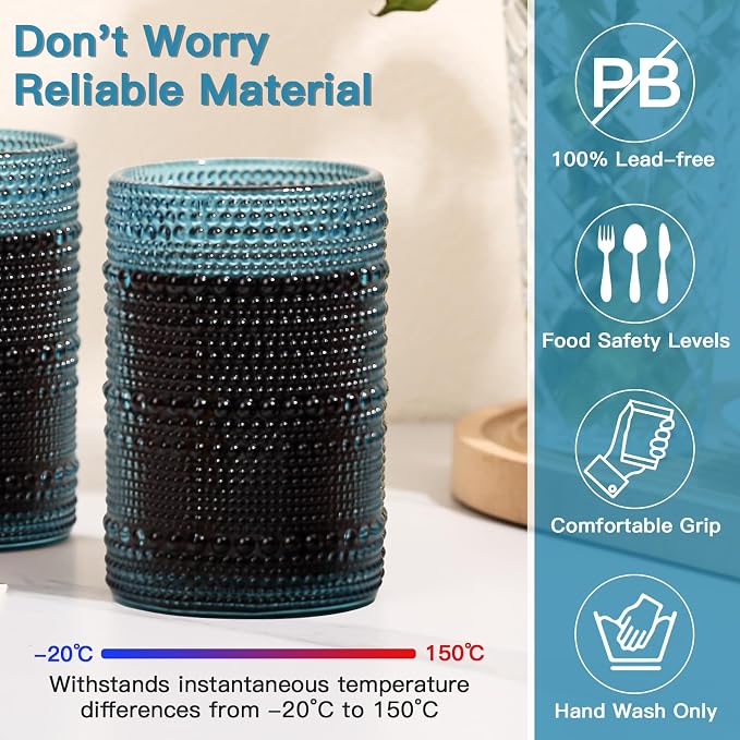JOVGANK Blue Vintage Hobnail Drinking Glasses Set of 6, Water Tumbler 15oz - Image 3