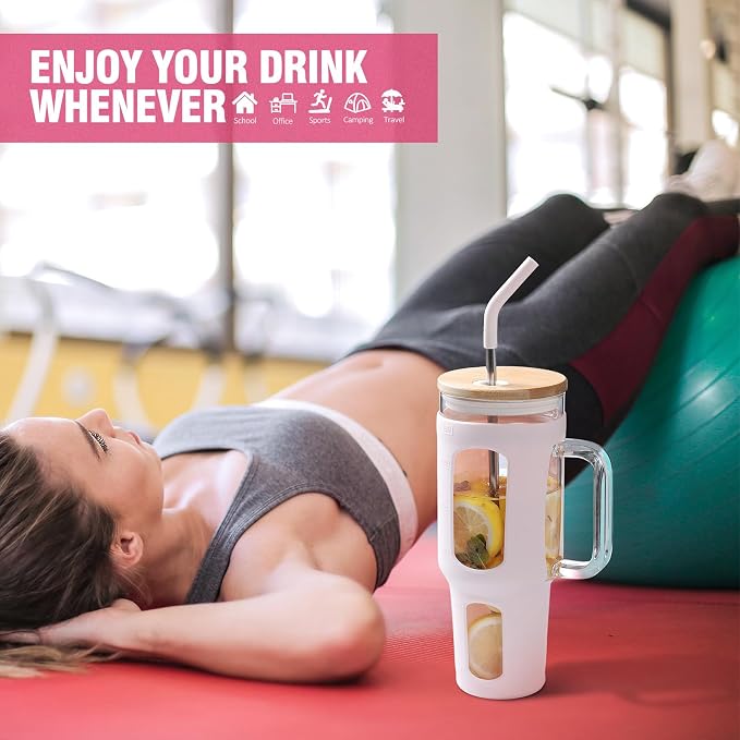 WINSA Glass Tumbler with Lid and Straw, 46 oz, Cotton Pink | Iced Coffee Cup - Image 6