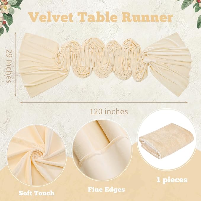 Beige Velvet Table Runner 29 x 120 Inch Luxury Farmhouse Tabletop | 10ft Long - Image 3