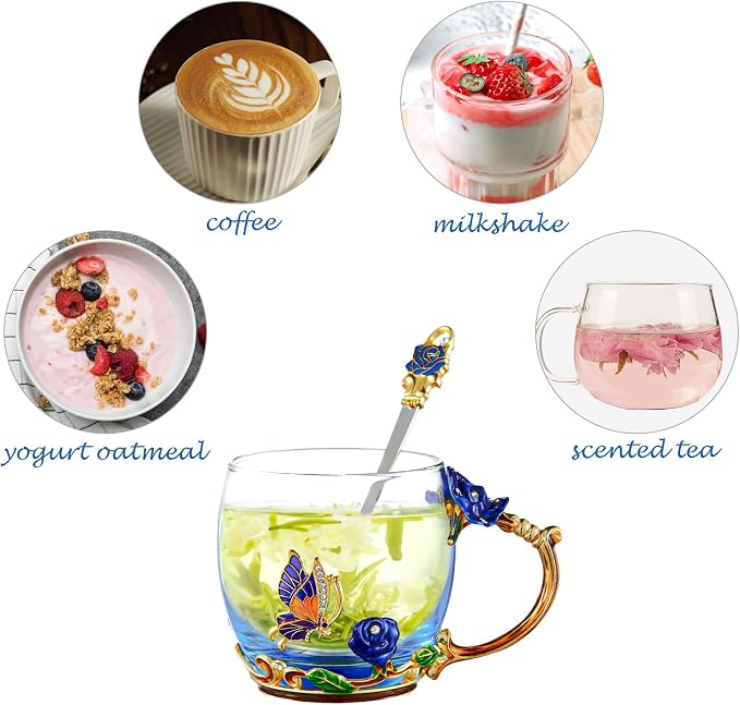 Flower Tea Cup, Butterfly Rose Clear Glass Fancy Coffee Mug - Image 3