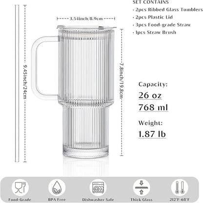 INSETLAN 26oz Ribbed Glass Tumbler with Handle & Lid – 2-Pack Large Iced Coffee Cups with Straws, Modern Glass Mug for Cold & Hot Beverages, Aesthetic Travel Cup for Smoothies, Tea, and Juice