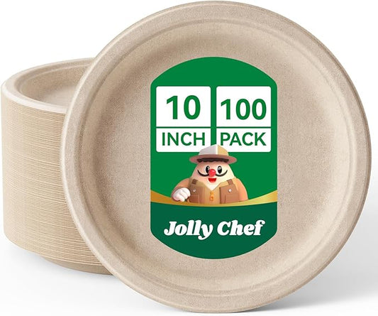 JOLLY CHEF Compostable Heavy Duty Plates 𝟭𝟬 𝗜𝗻𝗰𝗵 [𝟭𝟬𝟬 𝗣𝗮𝗰𝗸] Eco-Friendly Disposable Natural Paper Plate Bagasse Biodegradable Food Trays for Party Dinner Hot Cold Food Christmas (Brown)