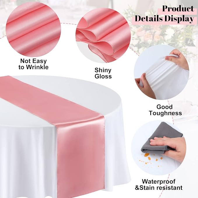 Queekay 24 Pcs 84'' Round Plastic Tablecloth Satin Runner Set, Rose Gold | 84'' - Image 5