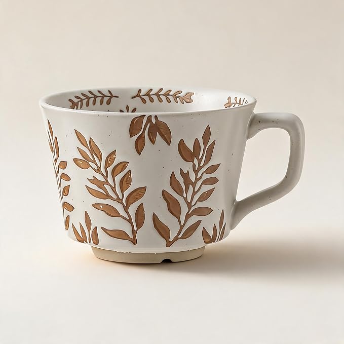 4 Pack 12oz Embossed Leaf Ceramic Coffee Mugs, Vintage Speckled Stoneware Tea - Image 5
