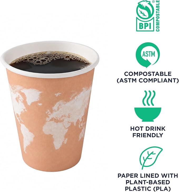 ECO PRODUCTS Compostable Disposable World Art 8oz Small Coffee Cups, Renewable - Image 4