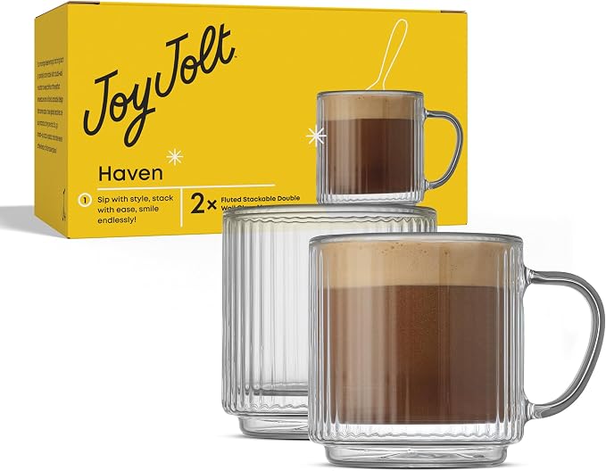 JoyJolt Haven Stackable Fluted Glass Mugs Set of 2, 5.5oz Ribbed Double Wall - Image 2