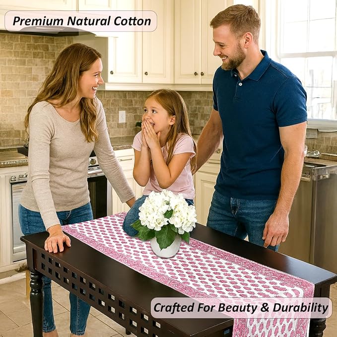 Taffy Pink Hand Block Print 100% Cotton Table Runner 16x106 Inch | Perfect - Image 5