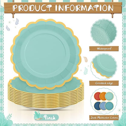 96 Pcs Blue and Orange Fall Paper Plates 9 Inch Gradient Scalloped Paper Plates Disposable Dinner Dessert for Birthday Wedding Bridal Party Supplies, 6 Colors