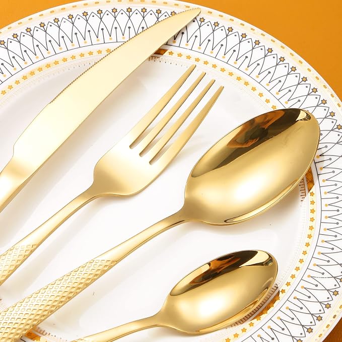 Hammered Silverware Set Gold Modern Stainless Steel Flatware - Image 4