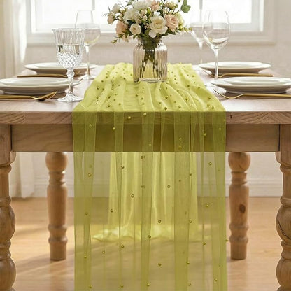 Artoid Mode Pearl Olive Green Gauze Table Runner 120 Inch 10FT, Seasonal Sheer Dining Holiday Wedding Birthday Baby Shower Table Decor for Home Party