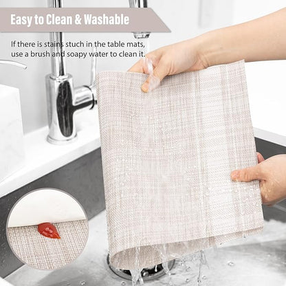 Winknowl Placemats Set of 6, Heat Resistant Non-Slip Vinyl Woven Table Mats for Dining Table, Washable Durable Elegant Place Mats for Kitchen Indoor/Outdoor Use (Beige White)
