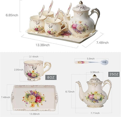 YOLIFE Porcelain Tea Set, Ivory Vintage Flowering Shrubs Teaset | 4 Teacups - Image 6