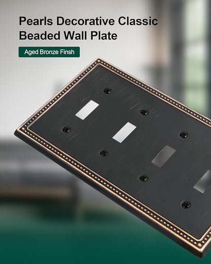 2-Pack Quad Toggle Light Switch Cover Plate, 4 Gang Metal Switch Plate Covers, Aged Bronze Pearls Decorative Wall Plate, Corrosion Resistant