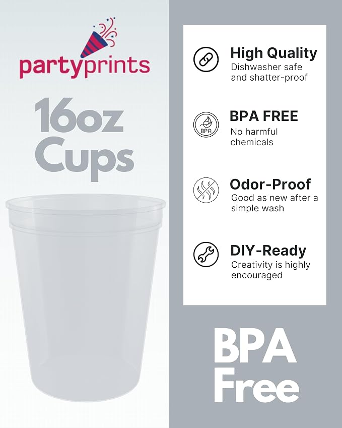 PartyPrints 100 Pack 16 oz Clear Reusable Blank Plastic Cups, Stadium Cups Bulk - Image 2