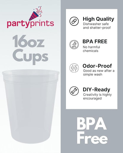 PartyPrints 100 Pack 16 oz Clear Reusable Blank Plastic Cups, Stadium Cups Bulk - Image 2