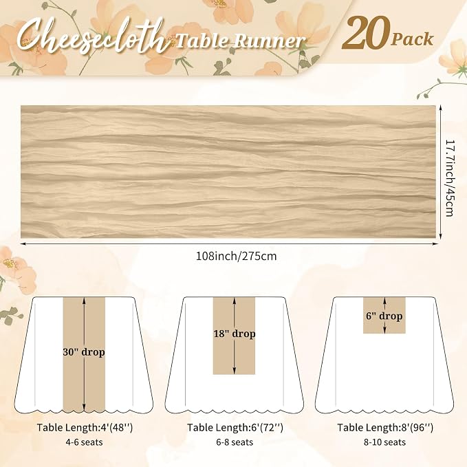Pesonlook Cheesecloth Table Runner Beige, 20 Pack 17.7x108 inch, Long | Rustic - Image 2