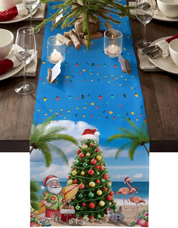 Coastal Christmas Table Runner 72 Inches Long, Xmas Tree Santa Beach Table by Unknown