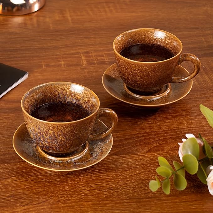 KAMMAK Tea Cups and Saucers Set of 2, 4.3 oz Glaze Coffee Mugs, 807N | - Image 5
