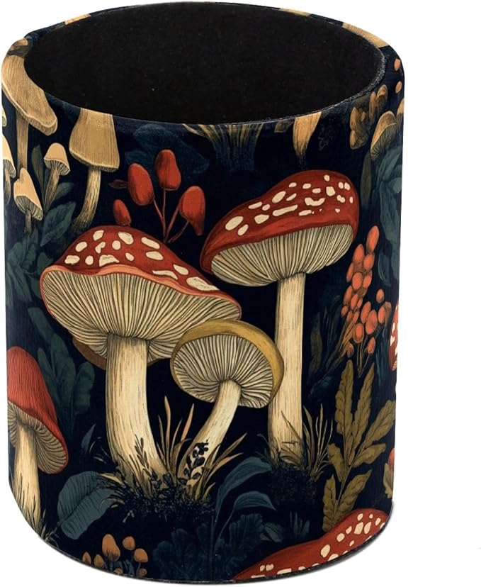 Leather Pen Holder for Desk, Vintage Mushroom Pencil Cup Pen Organizer Makeup by Unknown