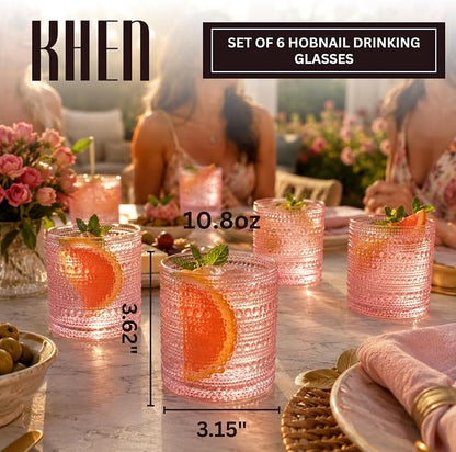 Khen Hobnail Beaded Highball Drinking Tumbler Glasses | Set of 6 | Pastel Pink - Image 2