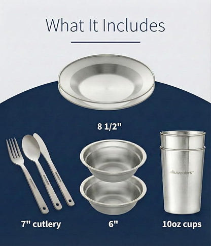 Unique Complete Messware Kit Polished Stainless Steel Dishes Set| Tableware| Dinnerware| Camping| Includes - Cups | Plates| Bowls| Cutlery| Comes in Mesh Bags