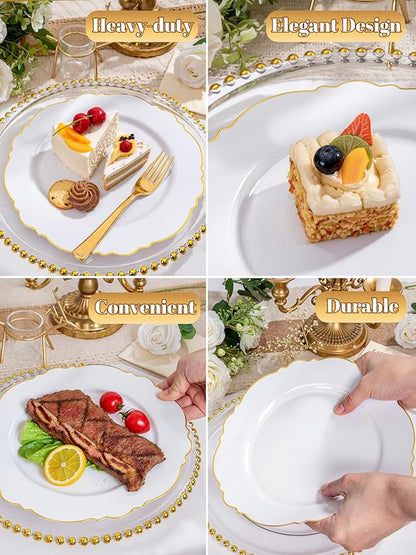 WDF 60pcs Gold Plastic Dinner Plates -10.25inch Baroque White and Gold Plates Fancy Plastic Plates for Upscale Bridal Shower & Wedding & Birthday