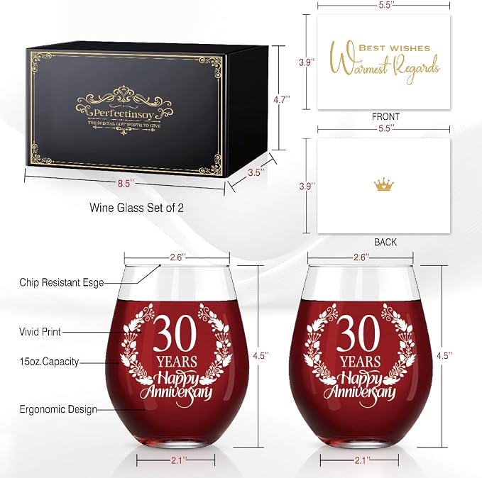 Perfectinsoy 30 Years Happy Anniversary Wine Glass Set of 2, 30th Anniversary - Image 2