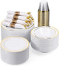 BESTVIP 400PCS Gold Plastic Dinnerware Set, Disposable Party Supplies for 50 Guests - Include 100 Plates, 50 Leak-Proof Soup Bowls, 50 Pre Rolled Napkins with Gold Silverware, 50 Cups