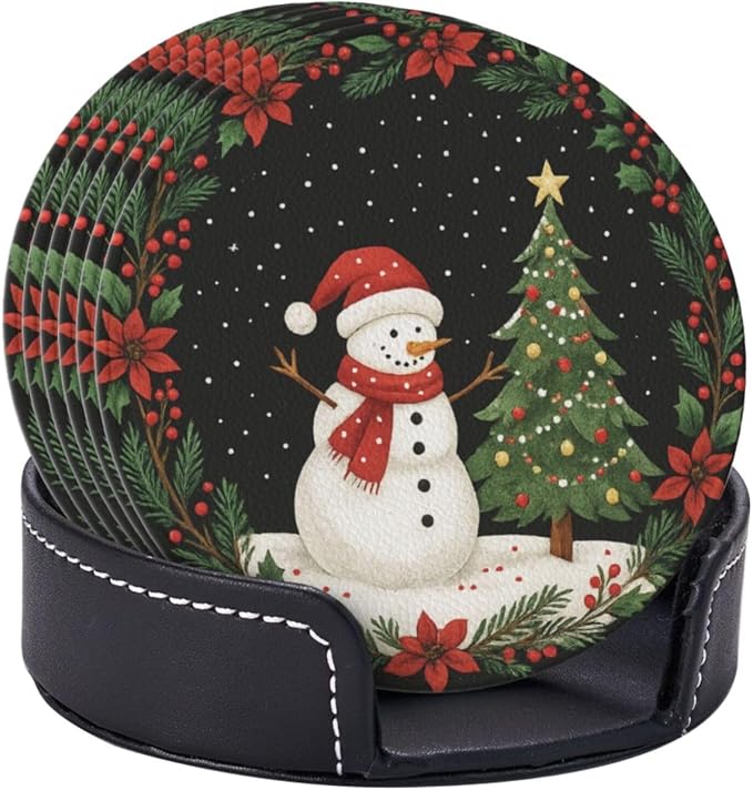 Black Christmas Snowman Floral Holly Coasters - Image 2