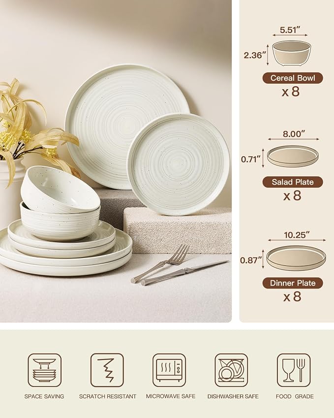 Stoneware Dinnerware Sets for 8, Plates and Bowls, Cream | 24-Piece Ceramic - Image 7