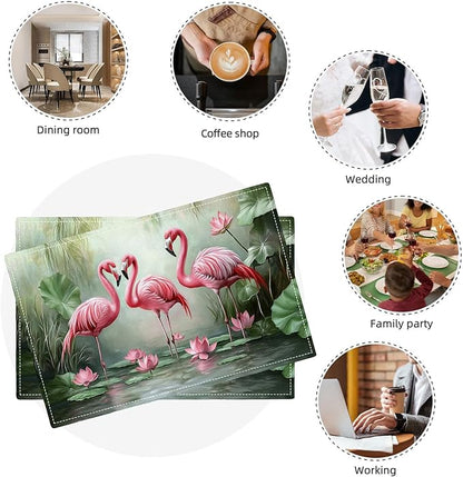 Flamingo Placemats Set of 6, Flamingo Tropical Flowers Place Mats, Wildlife Waterproof Washable Table Mats for Home Party Indoor Kitchen Dining Table Decoration 12x18 Inch