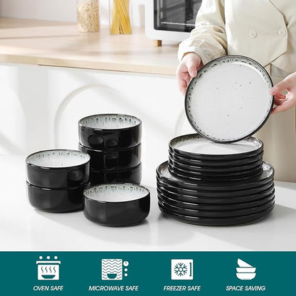 vancasso PLAYA Plates and Bowls Sets, 18 Pieces Beige Dinnerware Sets for Kitchen, Reactive Glaze Dishes Set for 6, Dishwasher and Microwave Safe