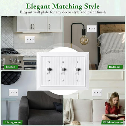 Beadboard Outlet Covers Wall Plates, Bamboo Fiber Light Switch Covers, Natural Material Electric Receptacle Decorative Switch Plate Outlet Cover (Pure White, 3 Gang Toggle 1 Pack)