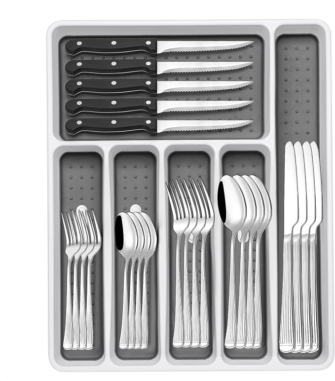 49-Piece Silverware Set with Organizer, Food-Grade Stainless Steel Flatware by EWFEN