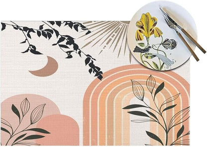 Mid Century Abstract Boho Placemats Geometric Leaf Sun Minimalist Modern Cafe Washable Place Mats 12x18Inch for Dining Kitchen Farmhouse Decor 4 PCS