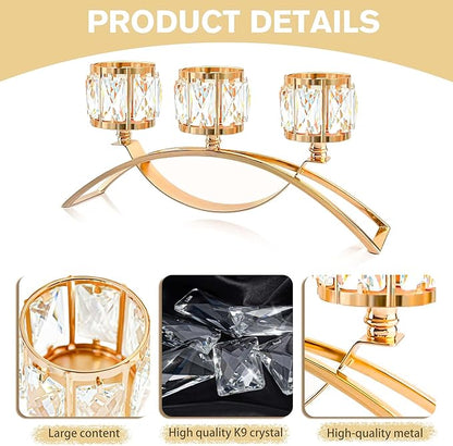 3 Arms Crystal Candle Holders, Arch Candlestick Table Candelabras Centerpieces for Wedding, Dinning Room, Cabinet Ornaments, Home Decoration， Gift (Gold, 2 Pcs-3 Arm Arched)