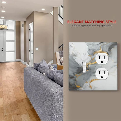 Light Switch Cover Plate Gray/Gold Marble Abstract Modern Luxury 2 Gang Decorative Switch Plates 1 Toggle Duplex Combo Outlet Covers GFCI Wall Plates for Bathroom Bedroom Decor