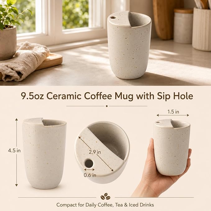 1 Pack Ceramic Coffee Mug with Sip Hole 9.5oz Retro Espresso Cup with Straw and - Image 2