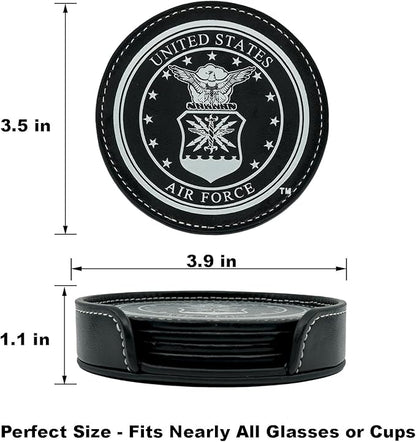 Air Force Leather Coaster Set - 4 Premium Coasters with Hot Stamped Foil USAF Logo - Air Force Gifts | USAF Leather Coasters