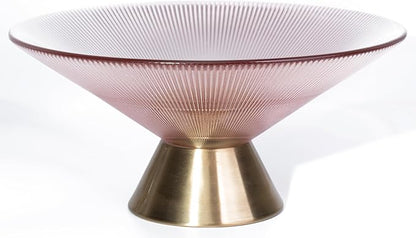 Tapered Glass Decorative Bowl (Pink), 9.8 Inches Handblown Striped Design Fruit Bowl with Rust-Resistant Metal Base for Home Decor, Table Centerpiece, Kitchen Island and Dining Decor