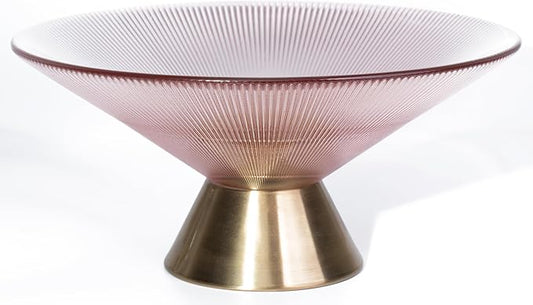 Tapered Glass Decorative Bowl (Pink), 9.8 Inches Handblown Striped Design Fruit Bowl with Rust-Resistant Metal Base for Home Decor, Table Centerpiece, Kitchen Island and Dining Decor