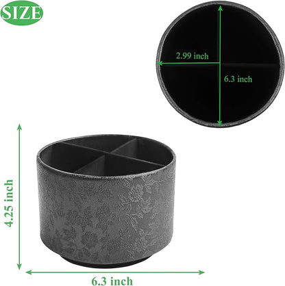 lizimandu Round Leather Art Supply Organizer,Remote Control Holder,360 Degree Spinning,Multi-Functional Pencil Holder,4 Compartments Desktop Stationary Organizer(1-Liuli Black)