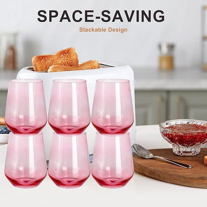 Pink Stemless Wine Glasses Set of 6, 15oz Drinking Glassware Dishwasher Safe, Wine Glass Tumblers for Red or White, Gift for Party, Holiday, Anniversary, Restaurant, Home Bar, Daily Use