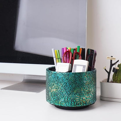 Round Leather Art Supply Organizer,Remote Control Holder,360 Degree Spinning,Multi-Functional Pencil Holder,4 Compartments Desktop Stationary Organizer(1-Rich Flower Green)