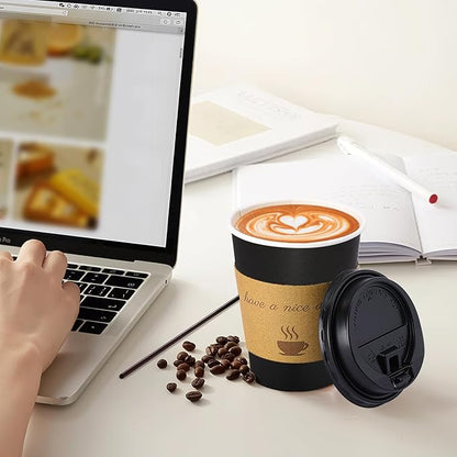 100 pack 10 oz Thickened Coffee Cups with Lids, Scald Resistant Hot Cups with Sleeve and Straw, To Go Coffee Cups for Home, Office, Cafes and Party (Black 10oz)