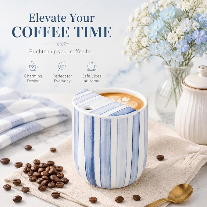 Ceramic Mug with Sip Hole 10 oz Novelty Blue Striped Ceramic Ice Coffee Mug - Image 4