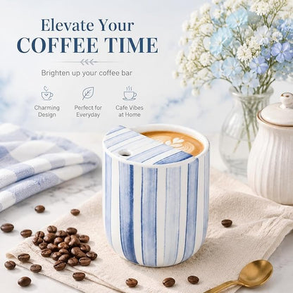 Ceramic Mug with Sip Hole 10 oz Novelty Blue Striped Ceramic Ice Coffee Mug - Image 4