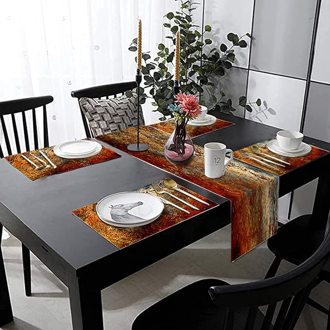 Brown Rust Table Runner and Placemats Set of 6, Linen 90" Long | Abstract - Image 4