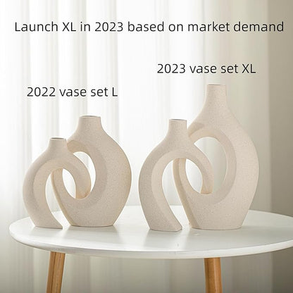 Snuggle Hollow Ceramic Vase Set of 2, Boho ins Style Round Nordic Mid Century Modern Aesthetic Decorative Vase for Home Decor (Cream W 6.8" X H 11")