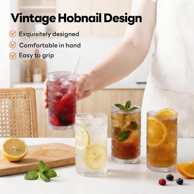 Large Hobnail Drinking Glasses Set of 6, 16oz | Highball Glasses Embossed Water - Image 3